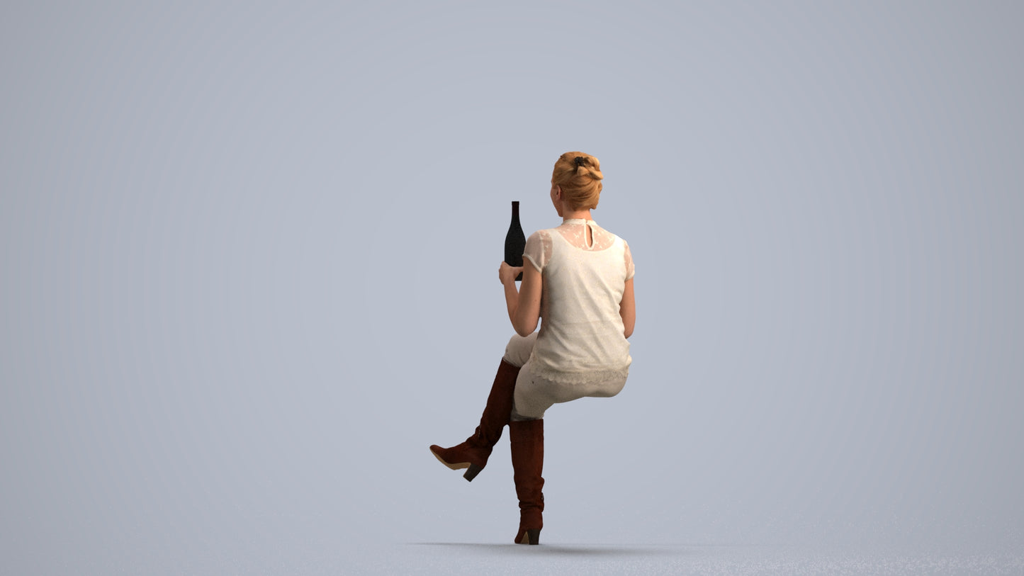 3D human model woman casual sitting, photogrammetry scanned person for archviz, front view render