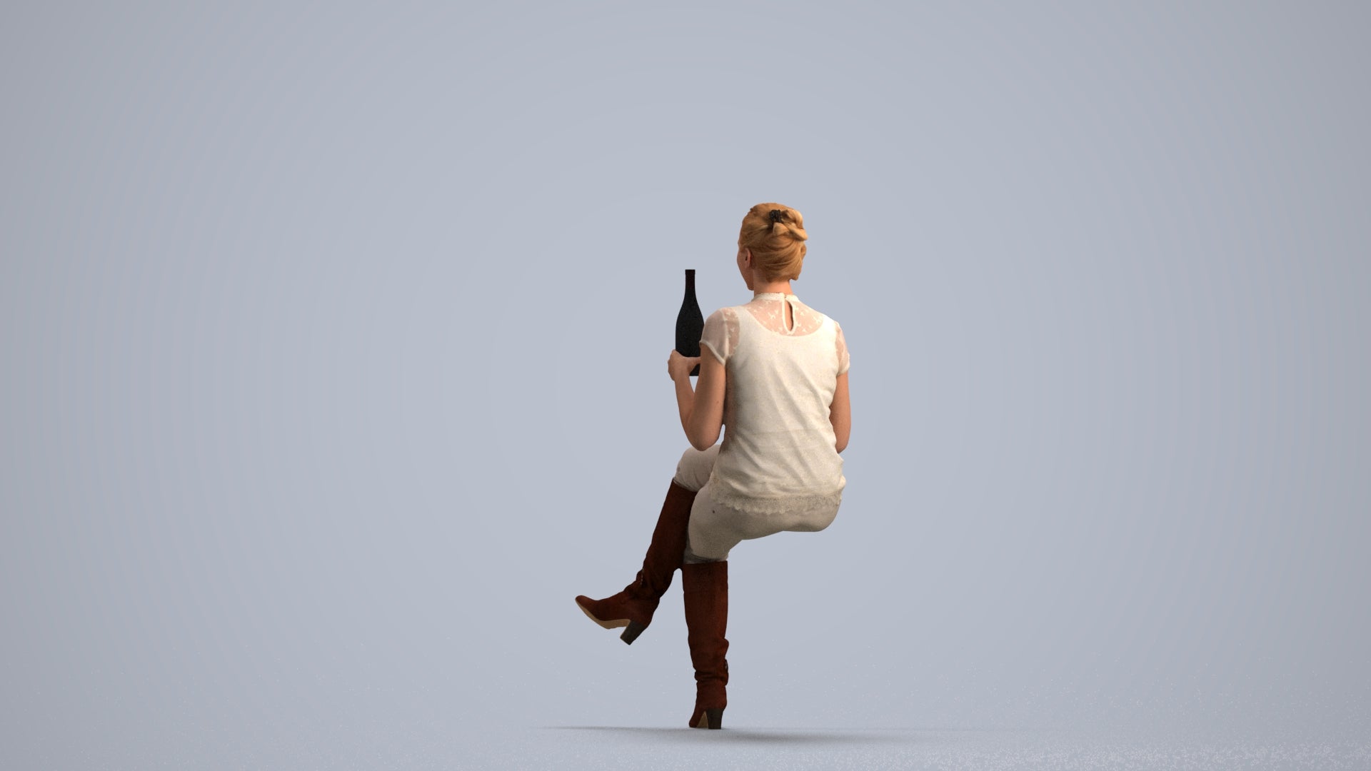 3D human model woman casual sitting, photogrammetry scanned person for archviz, front view render
