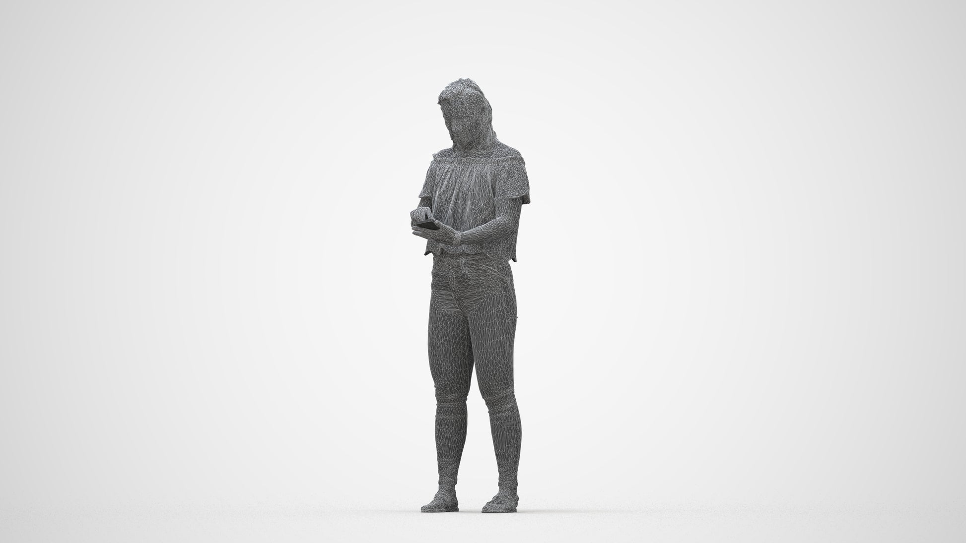 3D human model woman casual standing, photogrammetry scanned person for archviz, wireframe back view