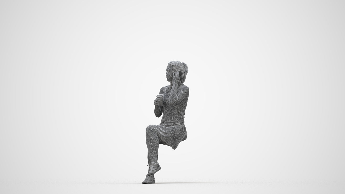 scanned 3D woman casual sitting, photogrammetry people for Enscape and V-Ray, wireframe back view