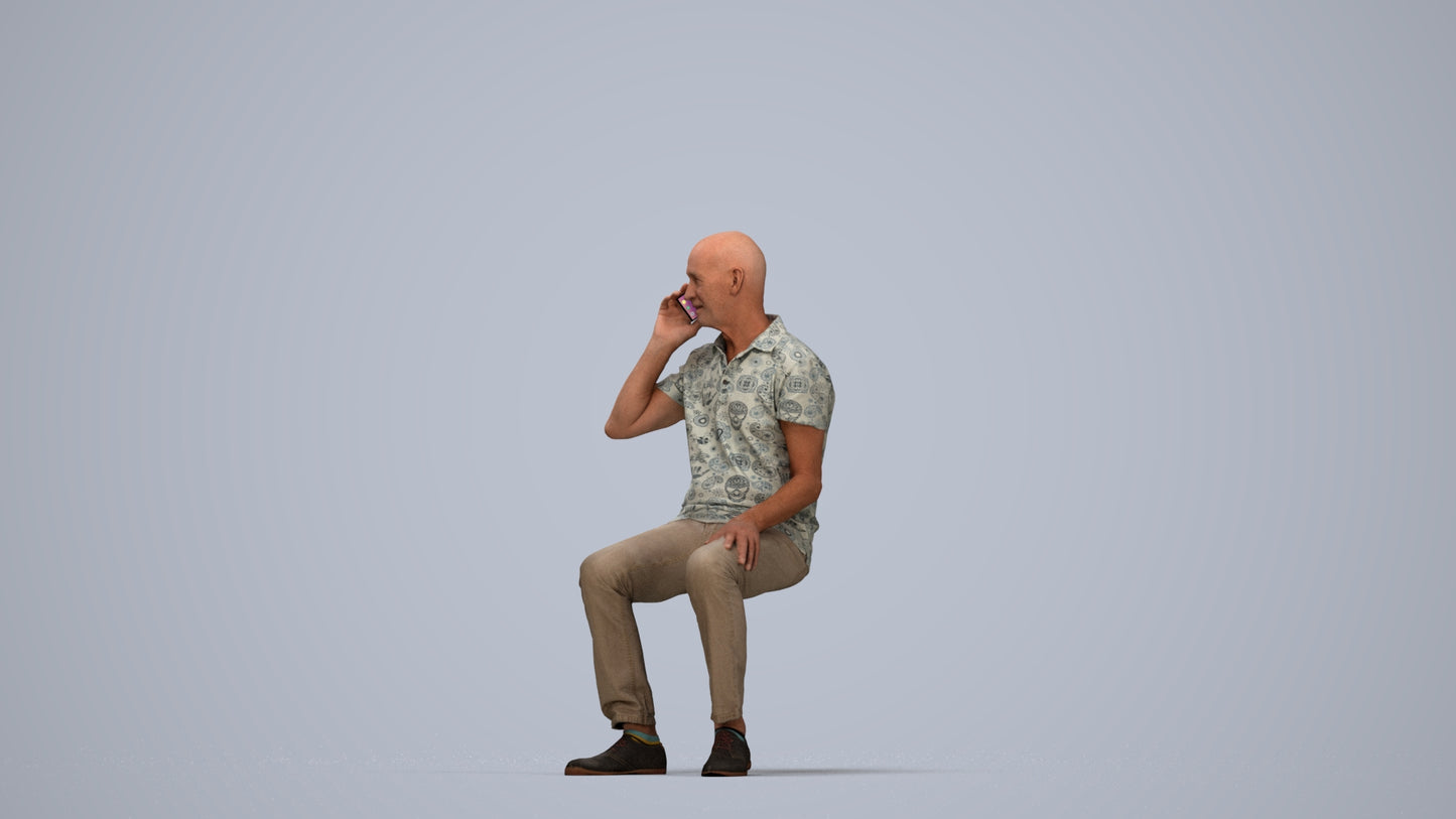 3D scanned senior man sitting casual, photorealistic archviz people for Enscape and SketchUp, top-down view render