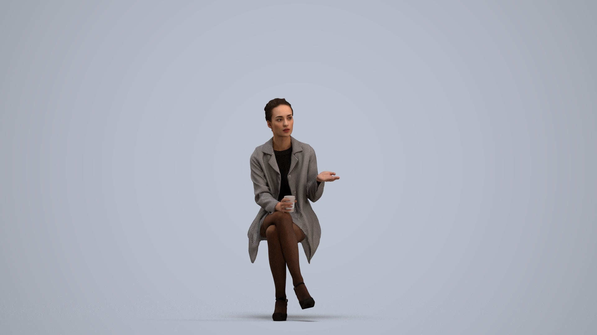 realistic 3D woman business sitting, scanned archviz people for Blender and 3ds Max, standing pose render