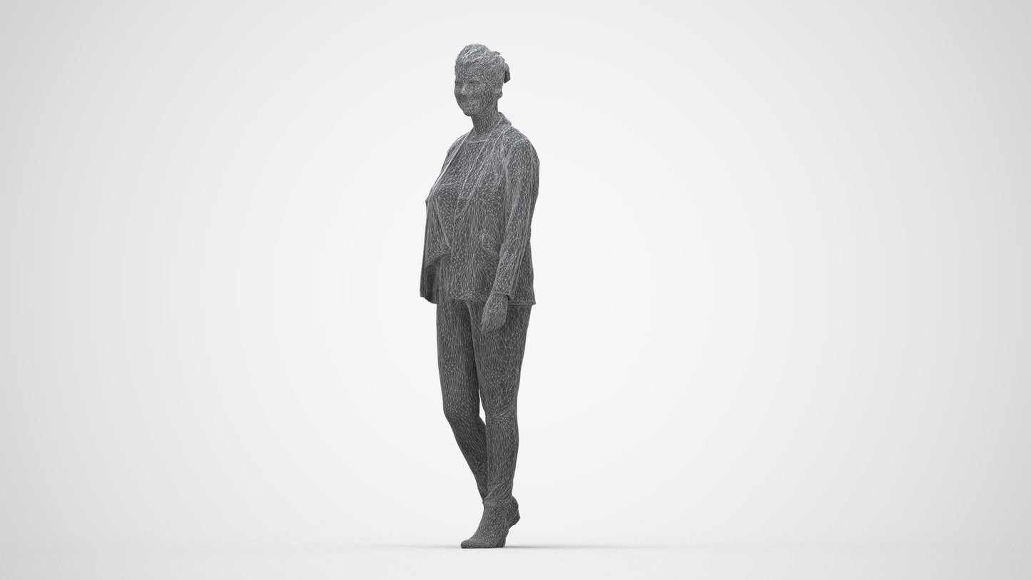 3D scanned woman walking business, photorealistic archviz people for Enscape and SketchUp, wireframe back view