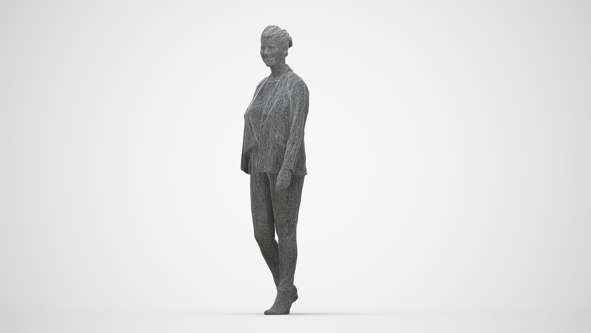 3D scanned woman walking business, photorealistic archviz people for Enscape and SketchUp, wireframe back view