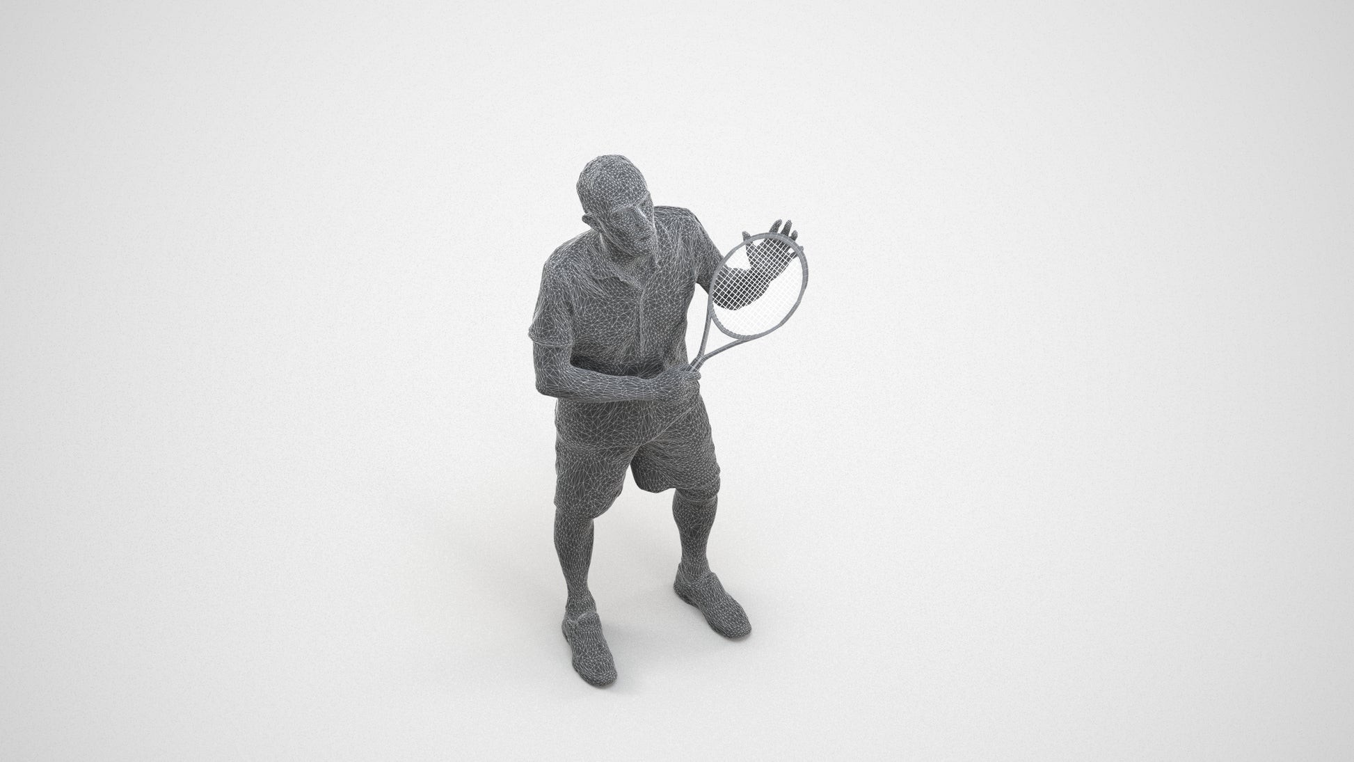 3D human model senior man sport, photogrammetry scanned person for archviz, wireframe three-quarter view