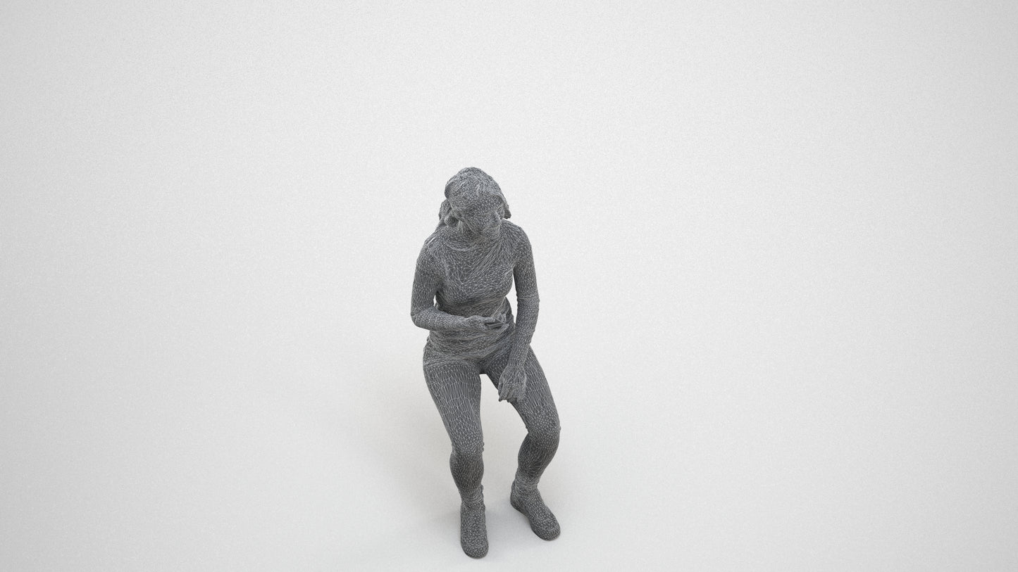 scanned 3D woman casual sitting, photogrammetry people for Enscape and V-Ray, wireframe three-quarter view