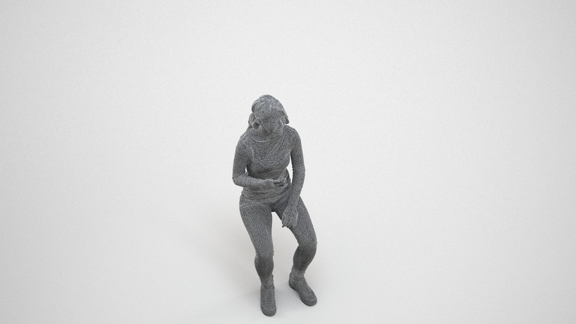 scanned 3D woman casual sitting, photogrammetry people for Enscape and V-Ray, wireframe three-quarter view