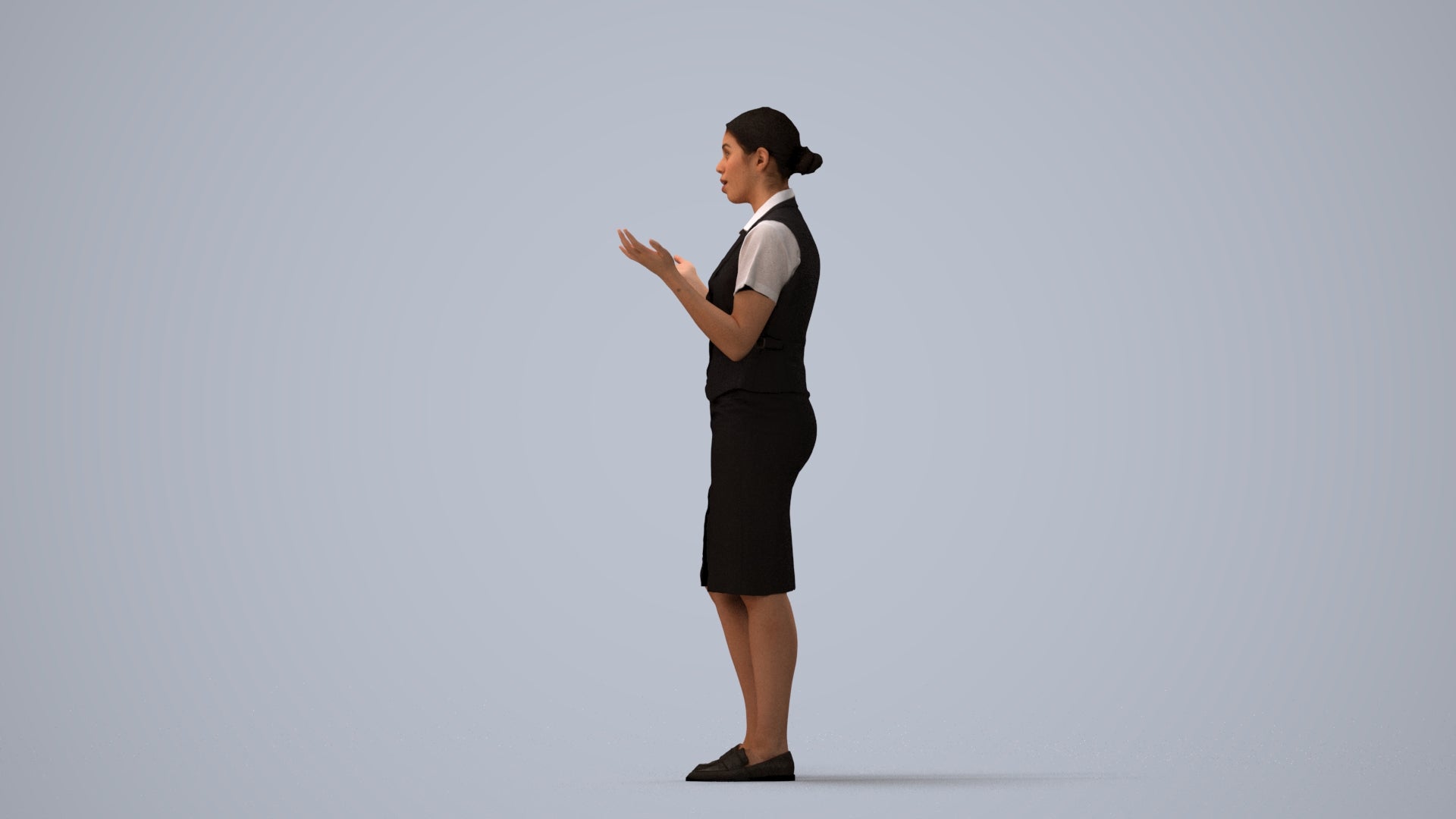 realistic 3D human woman hospitality, archviz people FBX OBJ for Blender, three-quarter view render