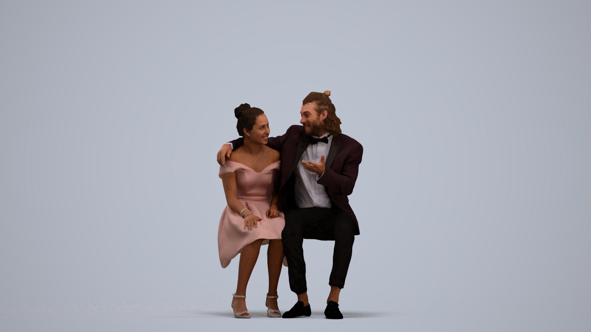 3D human model woman formal sitting, photogrammetry scanned person for archviz, standing pose render