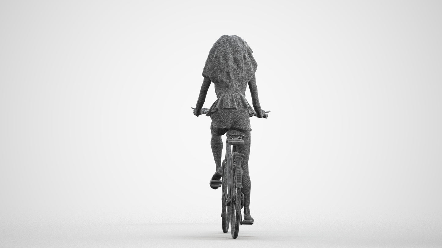 3D scanned woman cycling casual, photorealistic archviz people for Enscape and SketchUp, wireframe front view