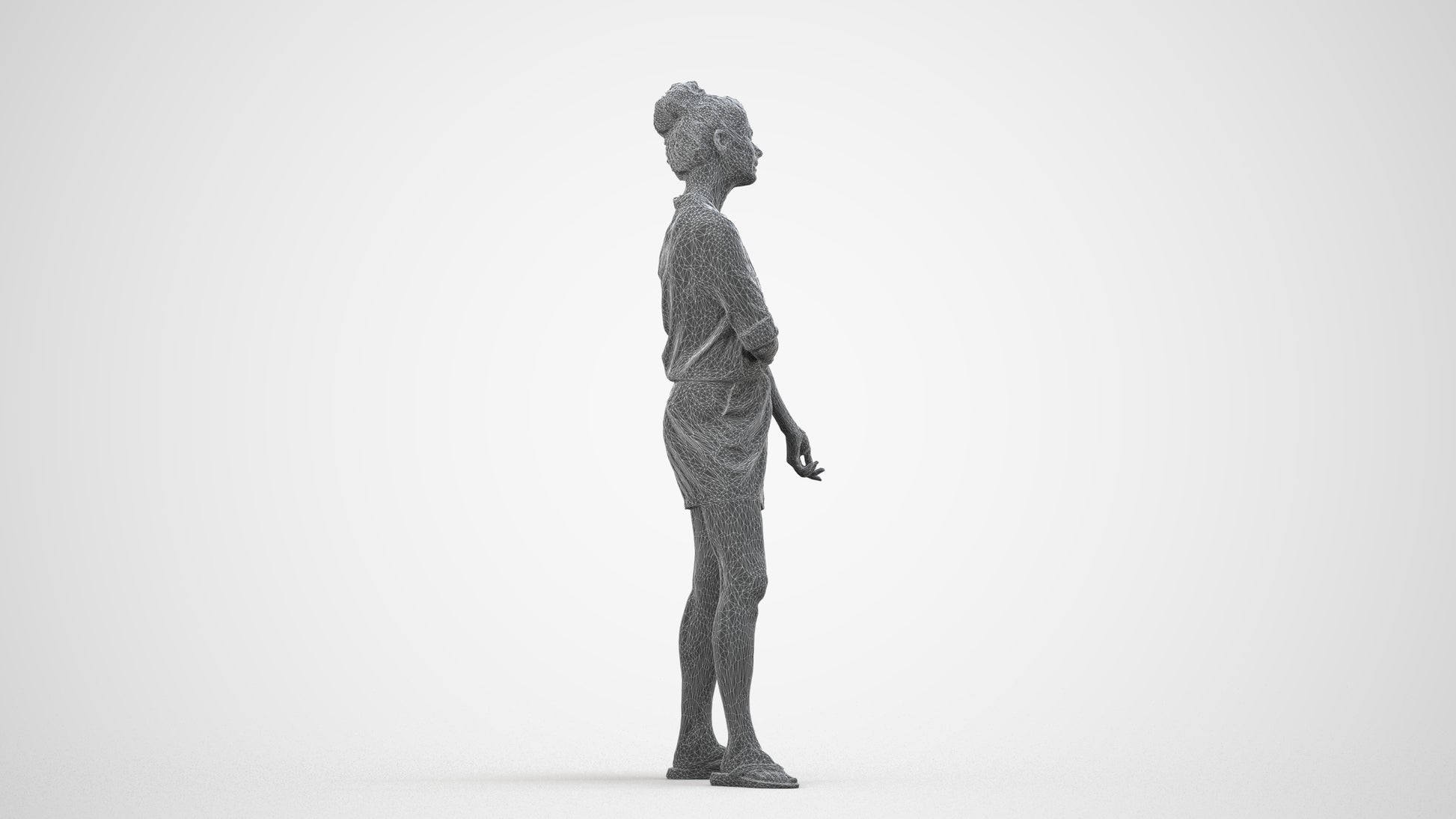 3D people model woman casual standing, scanned human for 3ds Max rendering, wireframe side view