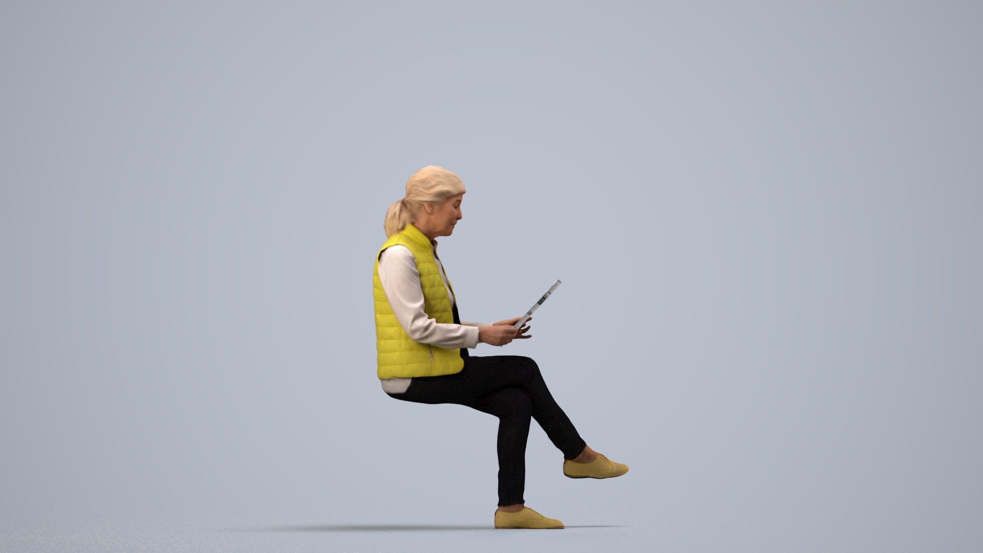 realistic 3D human senior woman casual sitting, archviz people FBX OBJ for Blender, side view render