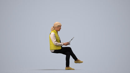 realistic 3D human senior woman casual sitting, archviz people FBX OBJ for Blender, side view render