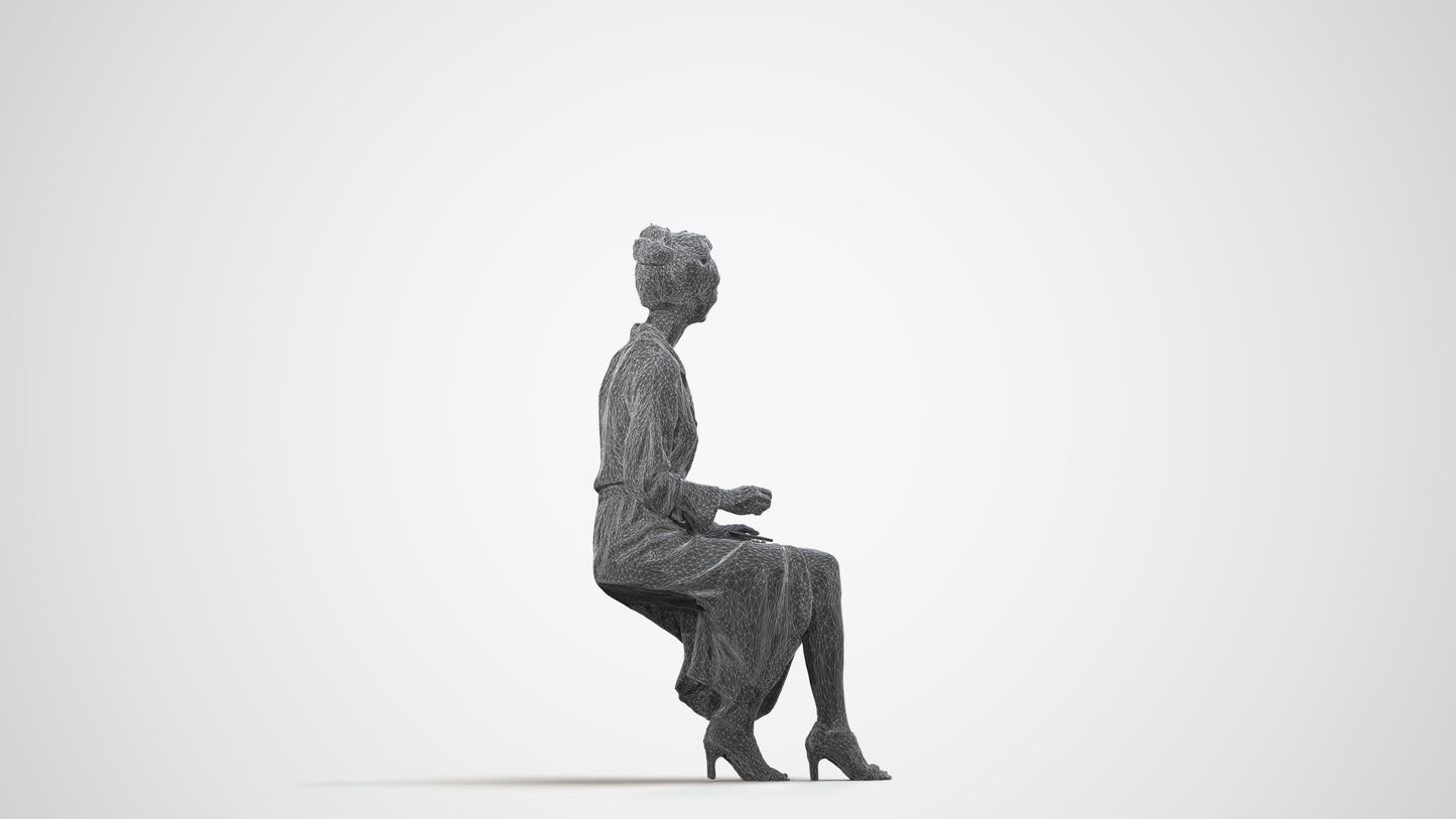 3D scanned woman sitting business, photorealistic archviz people for Enscape and SketchUp, wireframe side view
