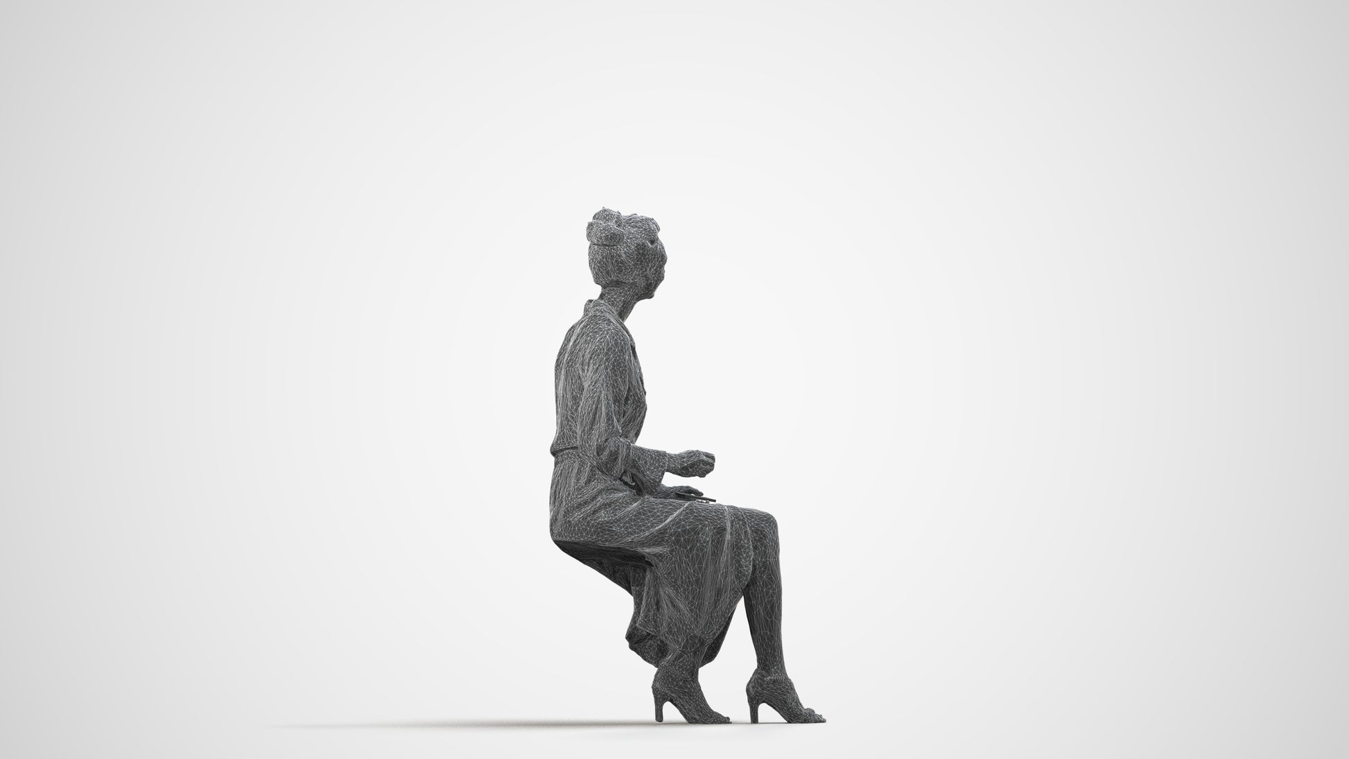 3D scanned woman sitting business, photorealistic archviz people for Enscape and SketchUp, wireframe side view