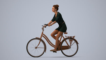 realistic 3D human woman casual cycling, archviz people FBX OBJ for Blender, three-quarter view render