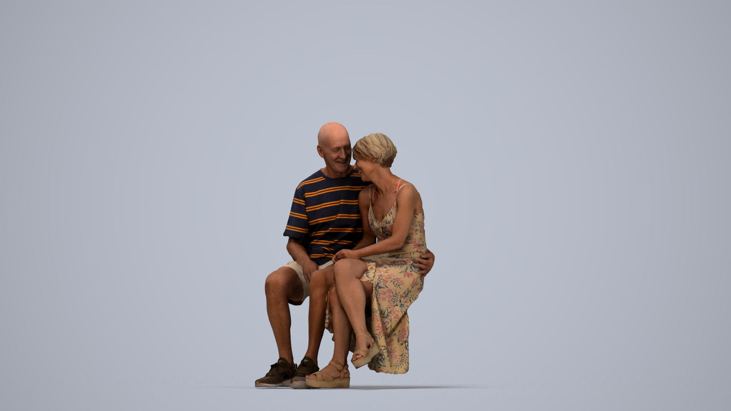 realistic 3D senior woman couple, scanned archviz people for Blender and 3ds Max, top-down view render