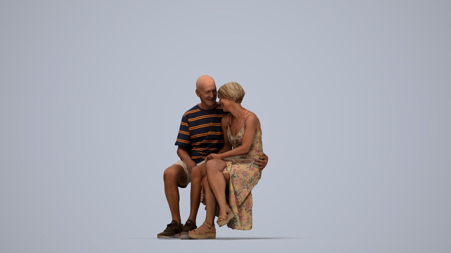 realistic 3D senior woman couple, scanned archviz people for Blender and 3ds Max, top-down view render