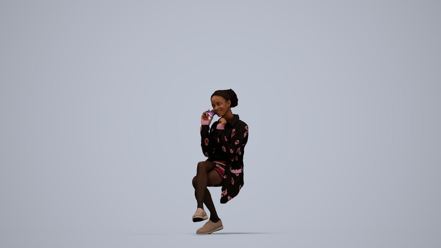 realistic 3D human woman casual sitting, archviz people FBX OBJ for Blender, top-down view render