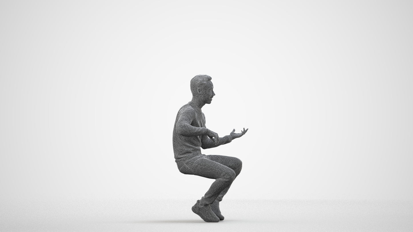 3D people model man casual sitting, scanned human for 3ds Max rendering, wireframe side view