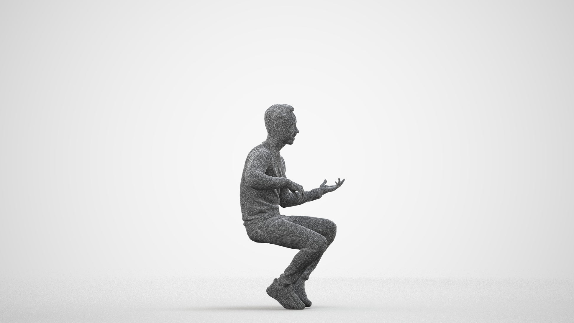 3D people model man casual sitting, scanned human for 3ds Max rendering, wireframe side view