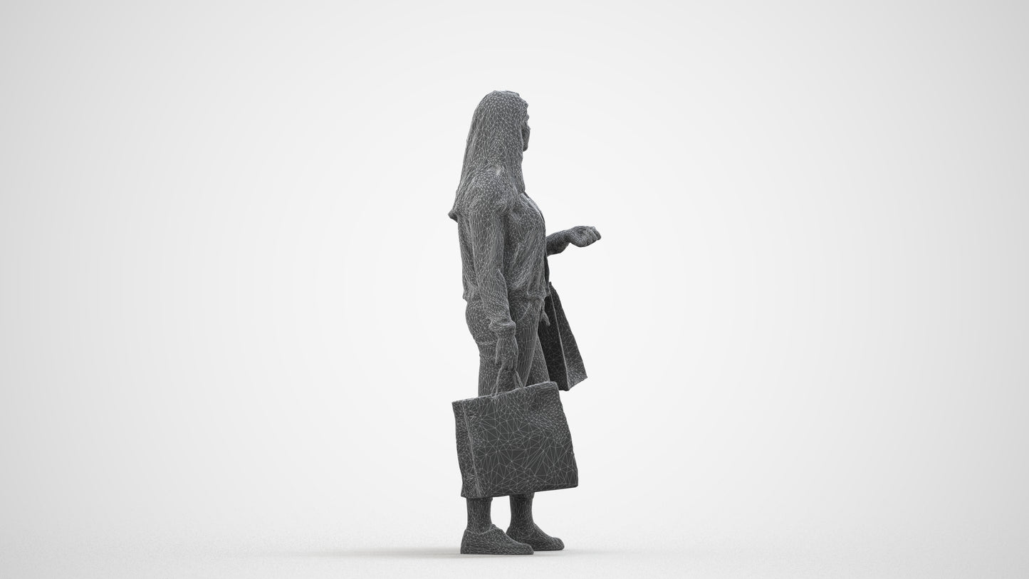 scanned 3D woman casual shopping, photogrammetry people for Enscape and V-Ray, wireframe side view