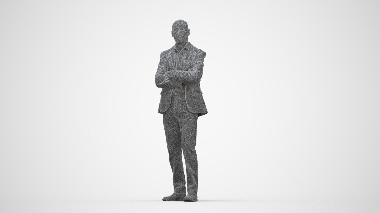 3D human model senior man business, photogrammetry scanned person for archviz, wireframe back view