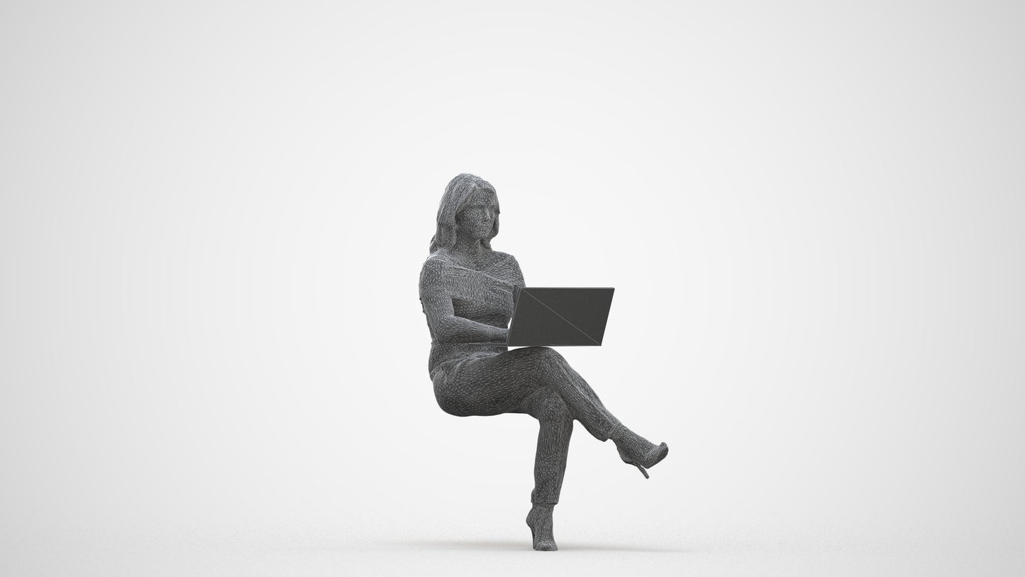 realistic 3D human woman business sitting, archviz people FBX OBJ for Blender, three-quarter front view render