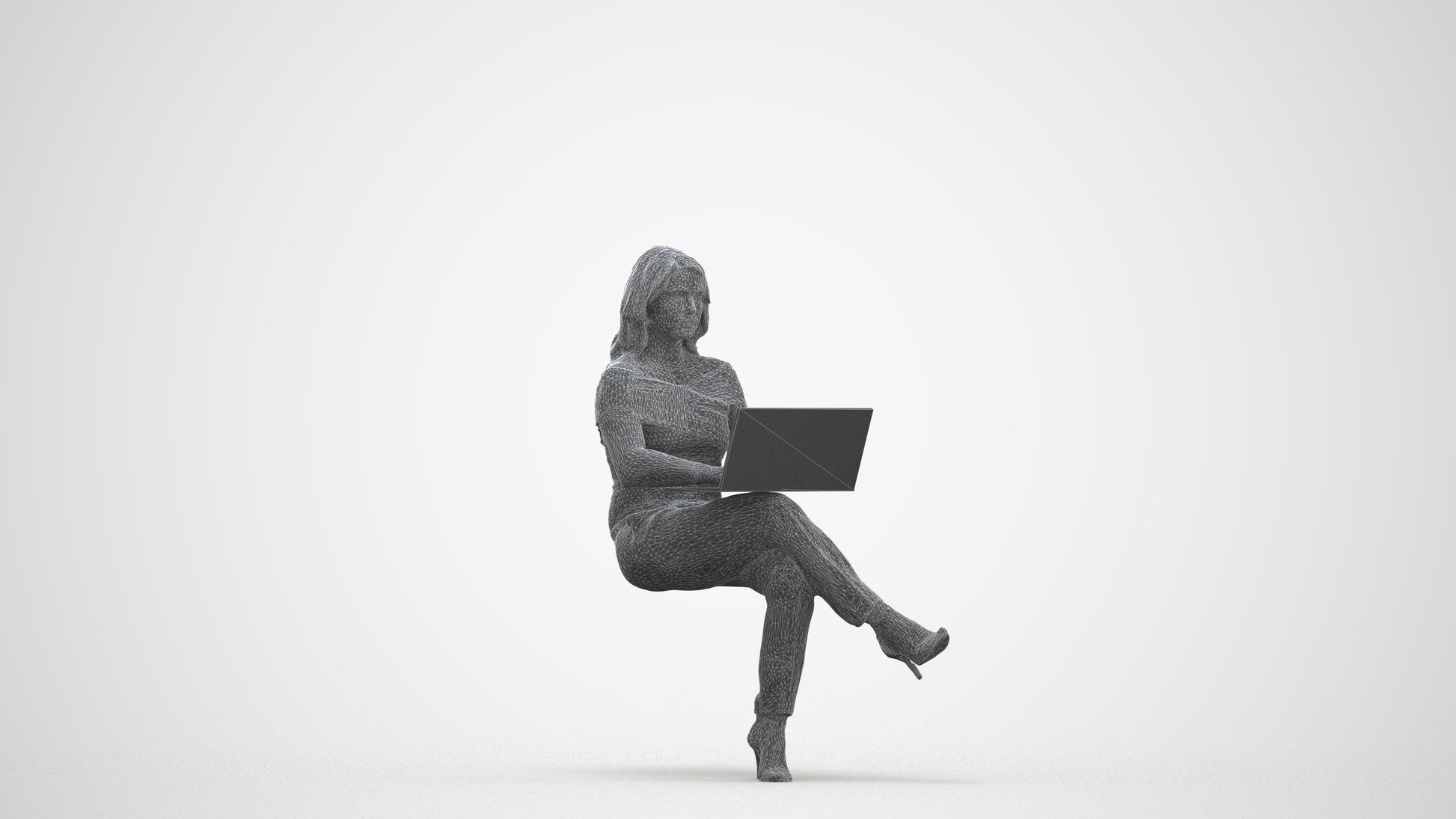 realistic 3D human woman business sitting, archviz people FBX OBJ for Blender, three-quarter front view render