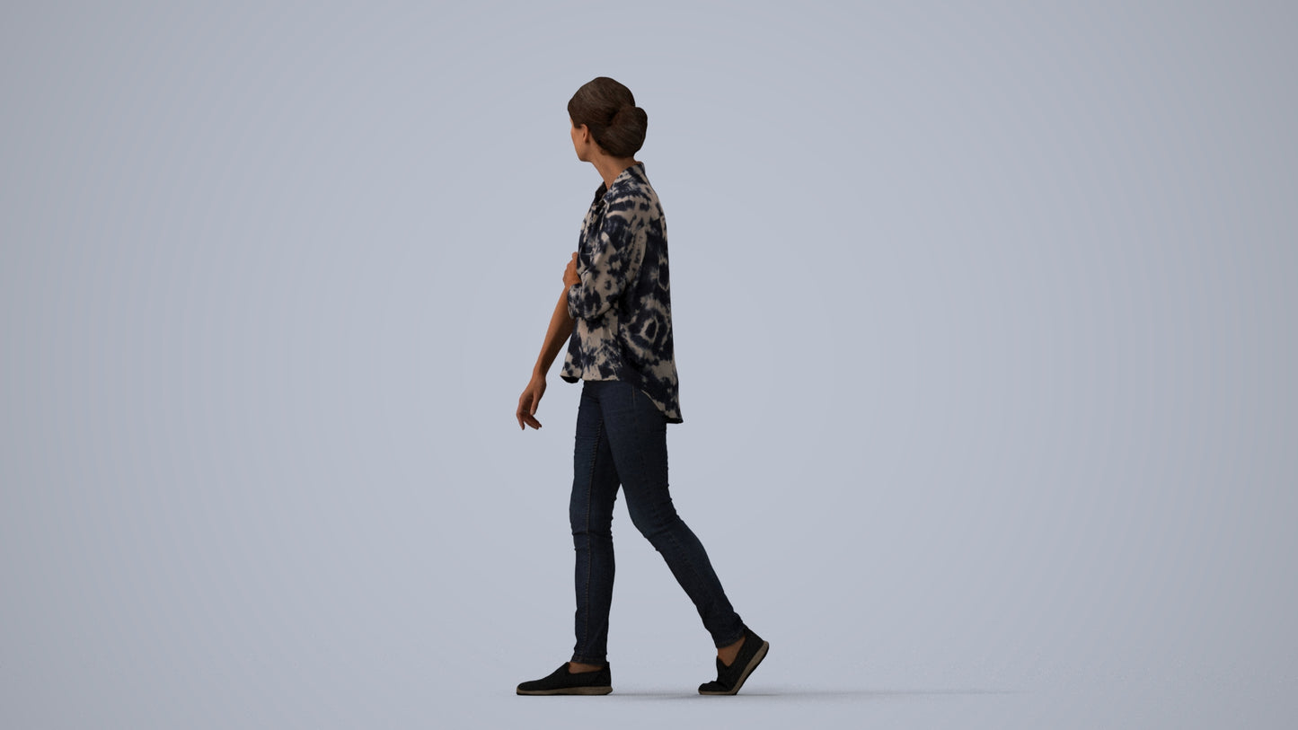 3D people model woman casual walking, scanned human for 3ds Max rendering, three-quarter view render