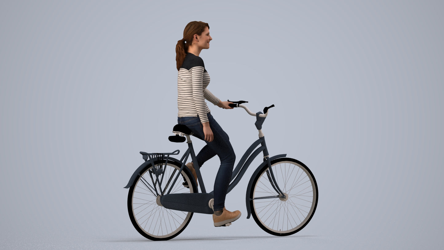 realistic 3D human woman casual cycling, archviz people FBX OBJ for Blender, side view render