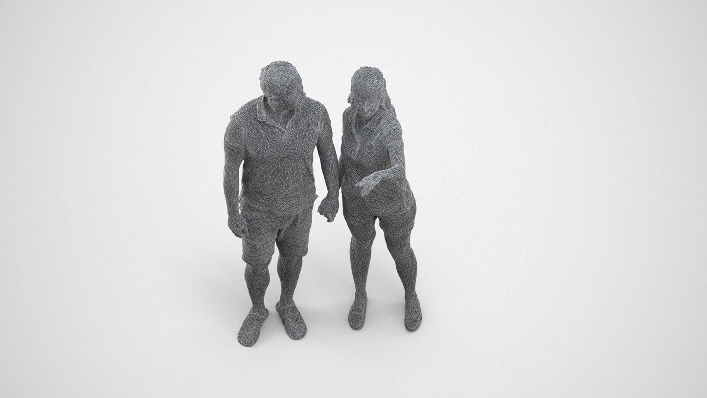 3D scanned woman couple casual, photorealistic archviz people for Enscape and SketchUp, wireframe three-quarter view