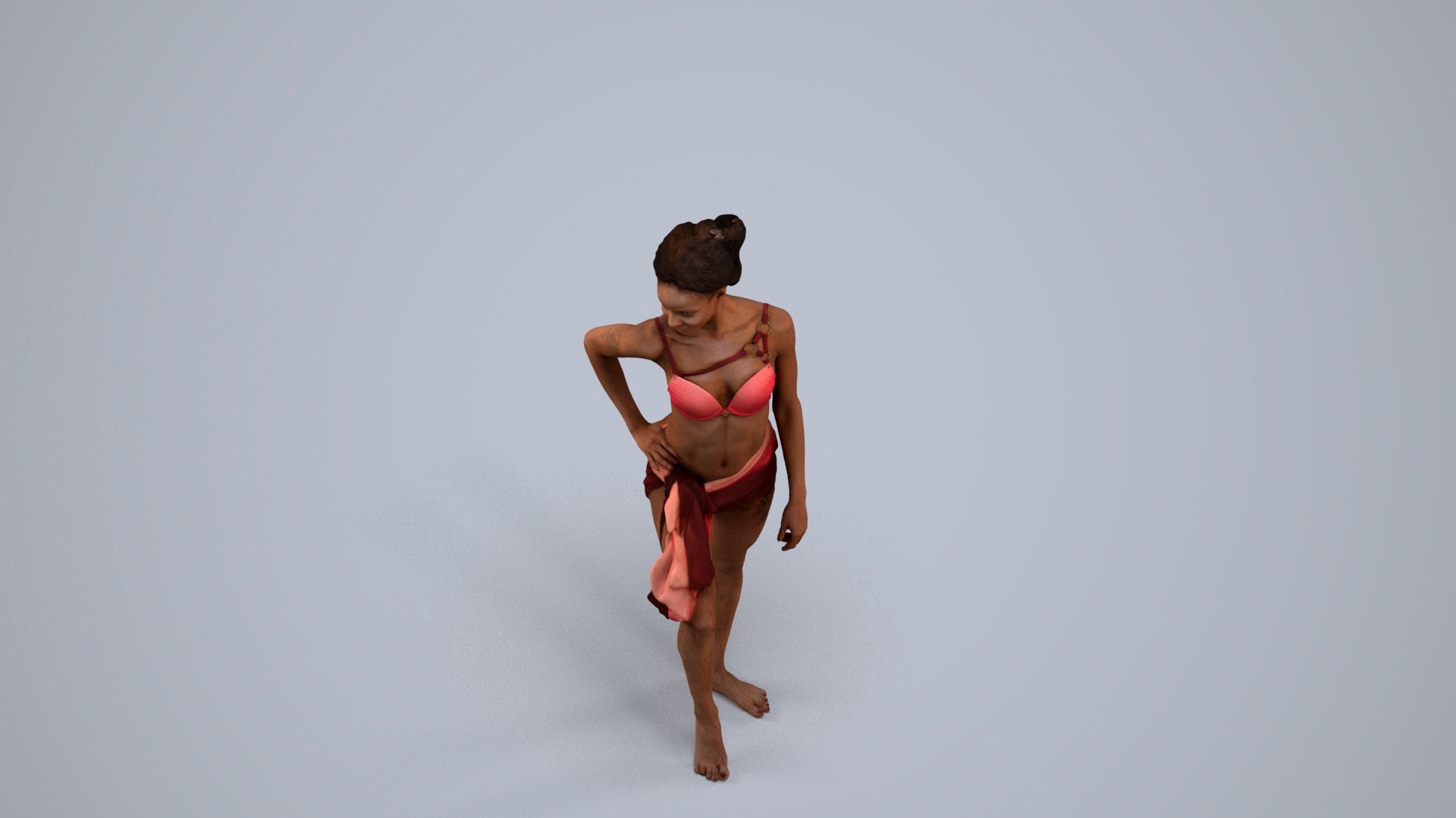 3D human model woman pool, photogrammetry scanned person for archviz, back view render