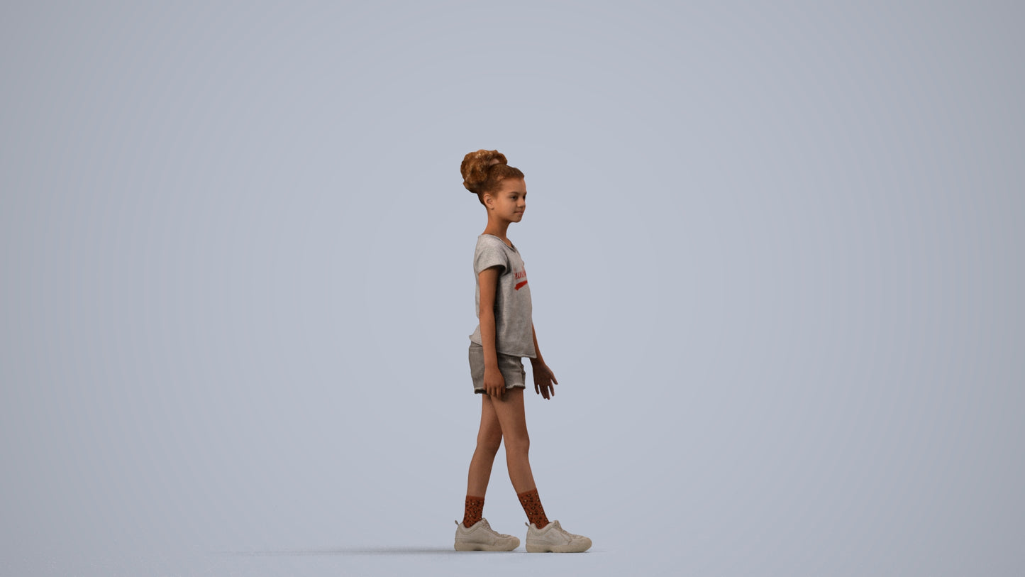 realistic 3D human girl casual kids, archviz people FBX OBJ for Blender, side view render