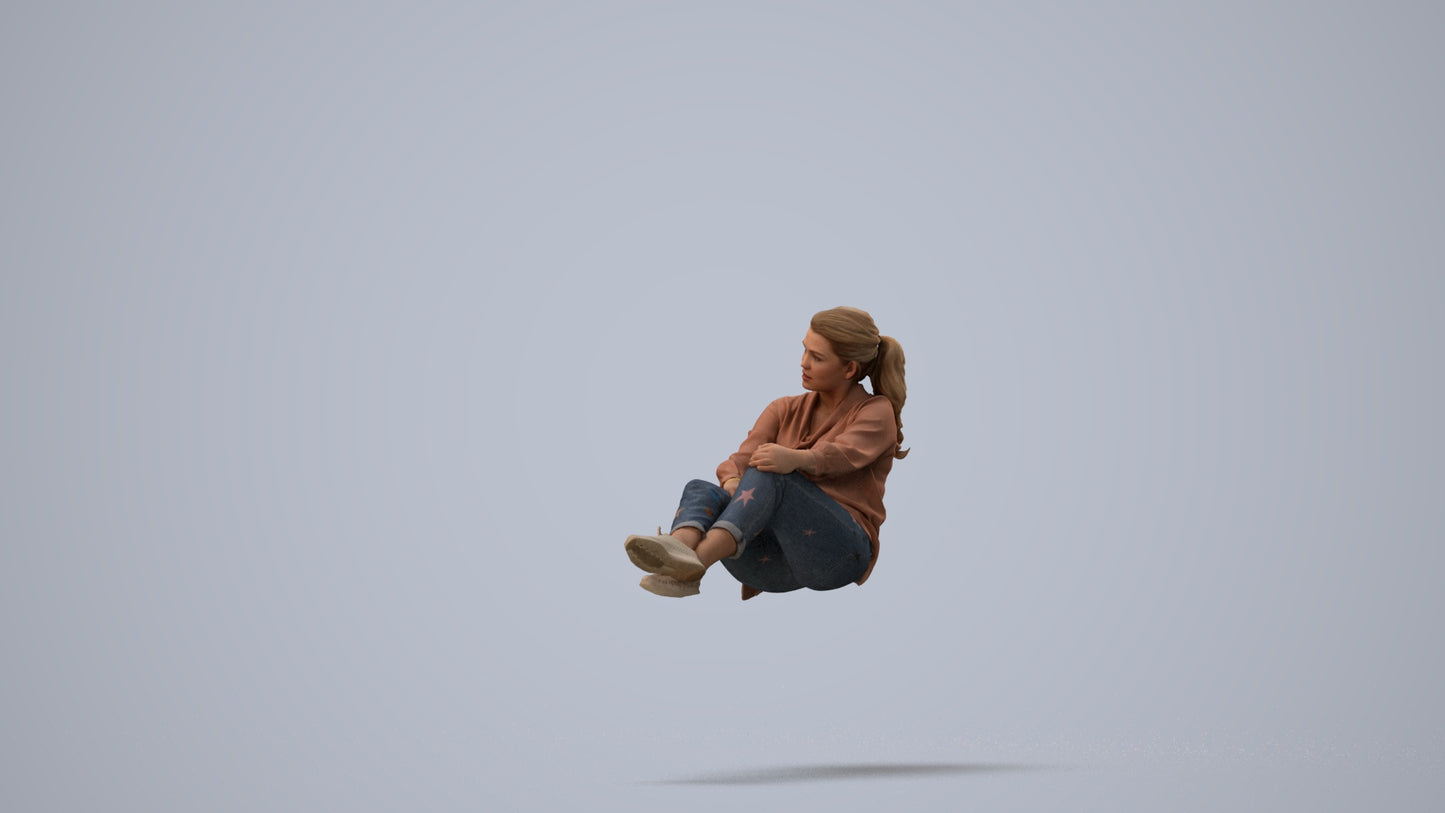 realistic 3D woman casual sitting, scanned archviz people for Blender and 3ds Max, three-quarter view render