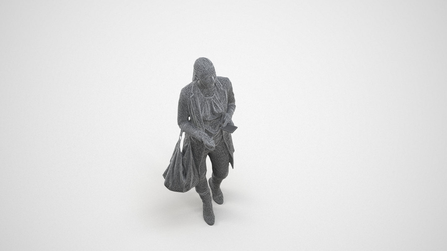3D scanned woman walking business, photorealistic archviz people for Enscape and SketchUp, wireframe three-quarter view