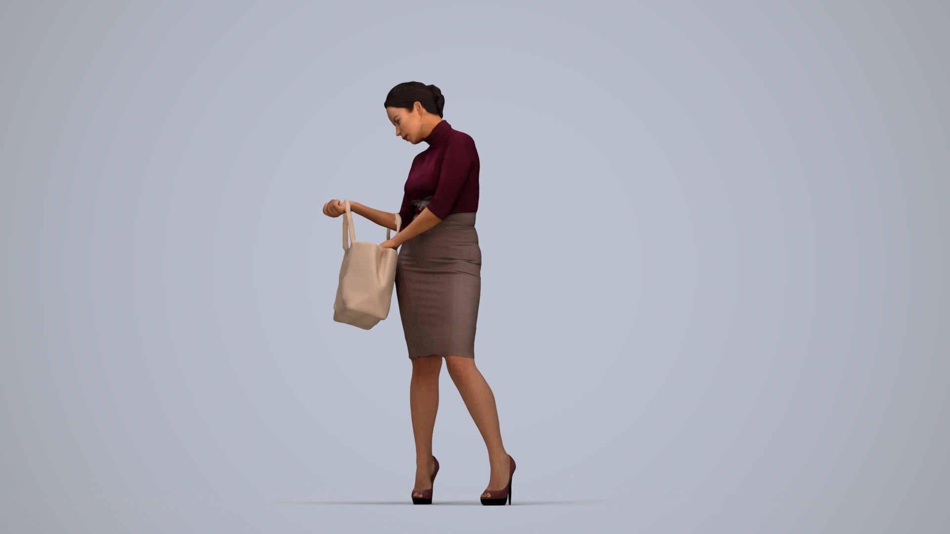 photogrammetry 3D woman business standing, realistic human model archviz FBX, top-down view render