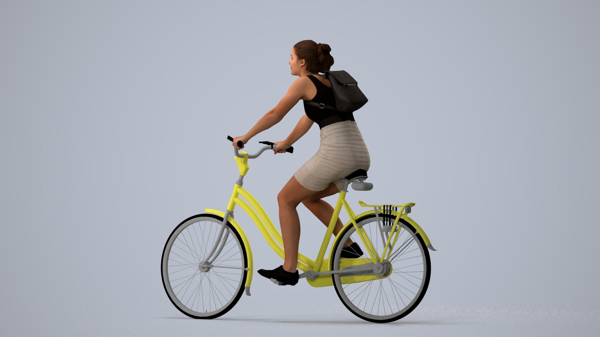 3D scanned girl cycling casual, photorealistic archviz people for Enscape and SketchUp, three-quarter view render