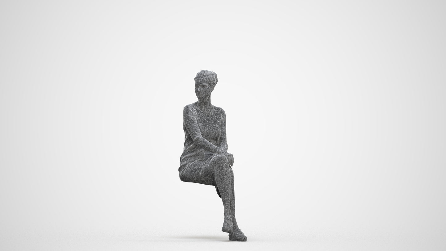 3D scanned woman sitting casual, photorealistic archviz people for Enscape and SketchUp, three-quarter front view render