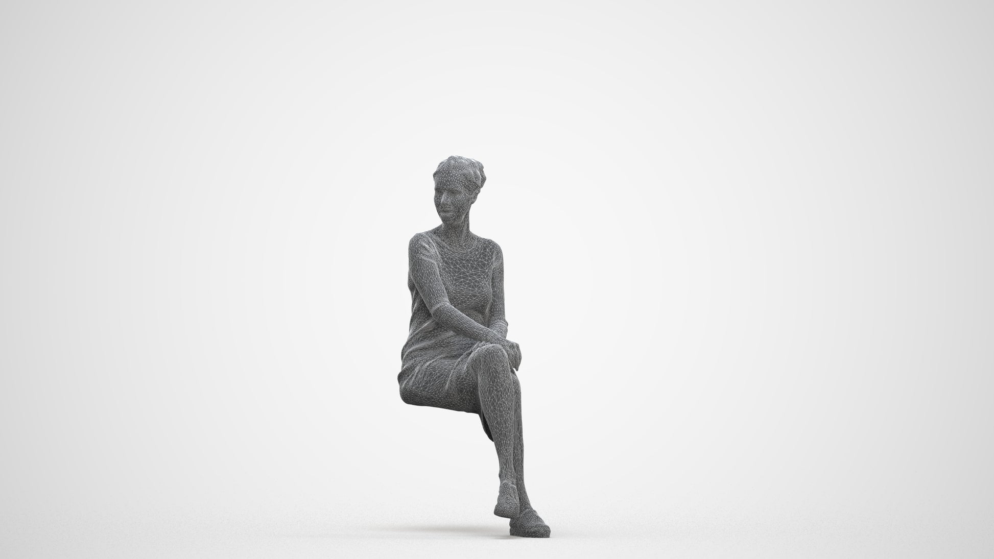 3D scanned woman sitting casual, photorealistic archviz people for Enscape and SketchUp, three-quarter front view render