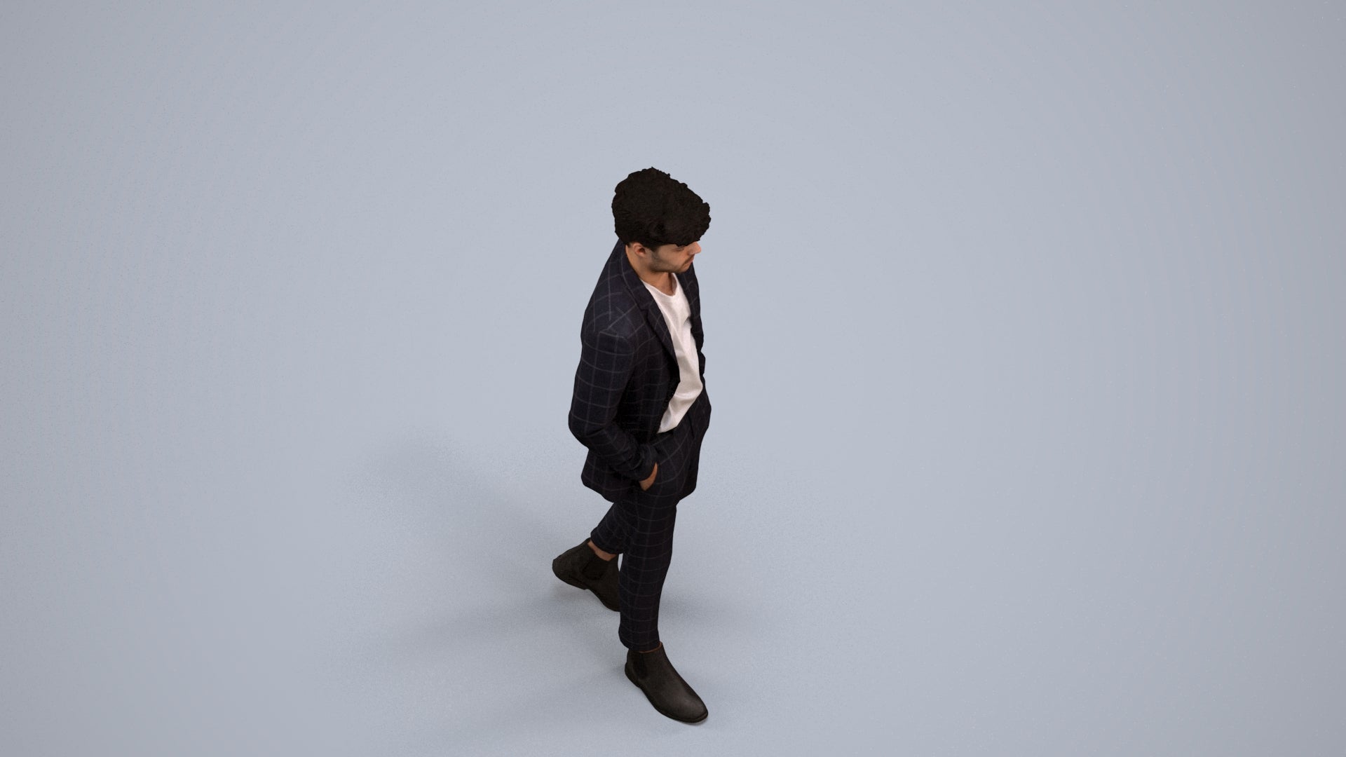 3D human model man business walking, photogrammetry scanned person for archviz, back view render