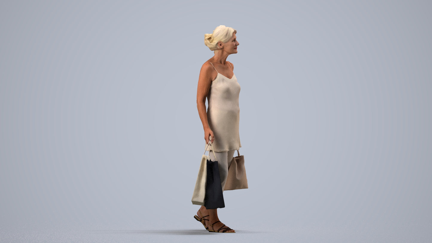 3D human model senior woman casual shopping, photogrammetry scanned person for archviz, side view render