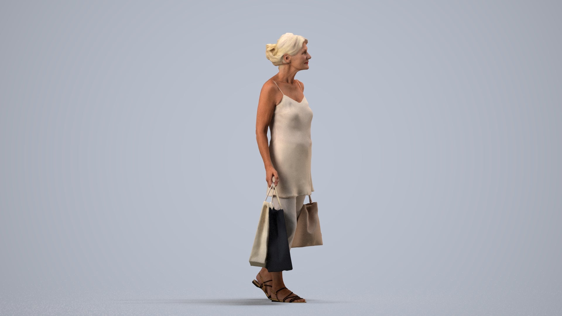 3D human model senior woman casual shopping, photogrammetry scanned person for archviz, side view render