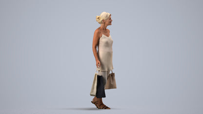 3D human model senior woman casual shopping, photogrammetry scanned person for archviz, side view render