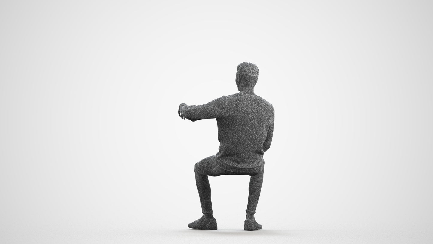 photogrammetry 3D man casual sitting, realistic human model archviz FBX, wireframe front view