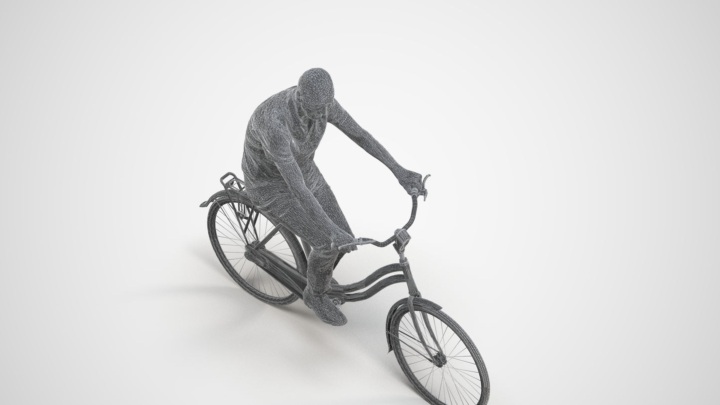 photogrammetry 3D senior man casual cycling, realistic human model archviz FBX, wireframe three-quarter view