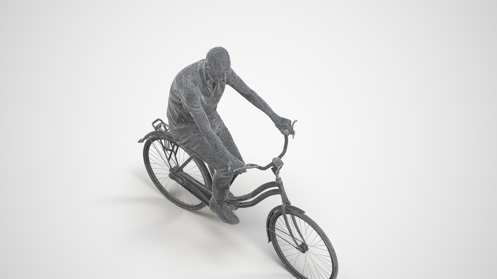 photogrammetry 3D senior man casual cycling, realistic human model archviz FBX, wireframe three-quarter view