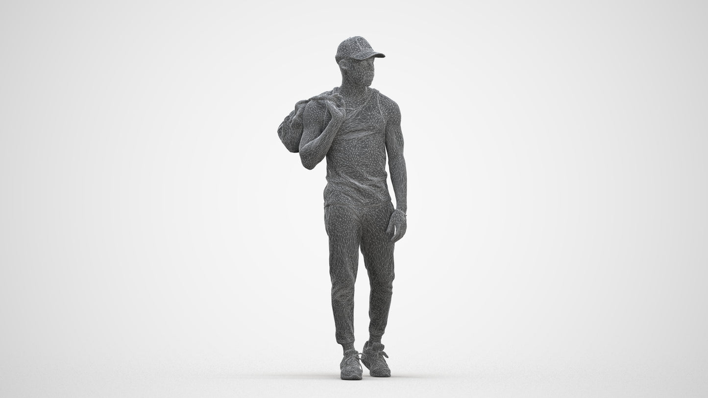 photogrammetry 3D man casual walking, realistic human model archviz FBX, three-quarter front view render
