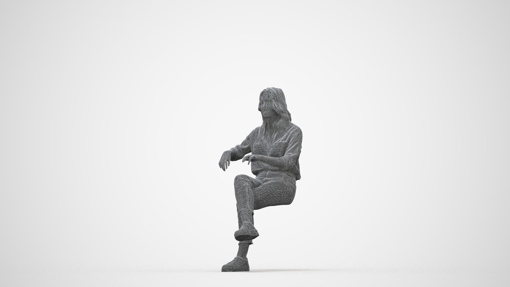 realistic 3D human woman casual sitting, archviz people FBX OBJ for Blender, wireframe back view