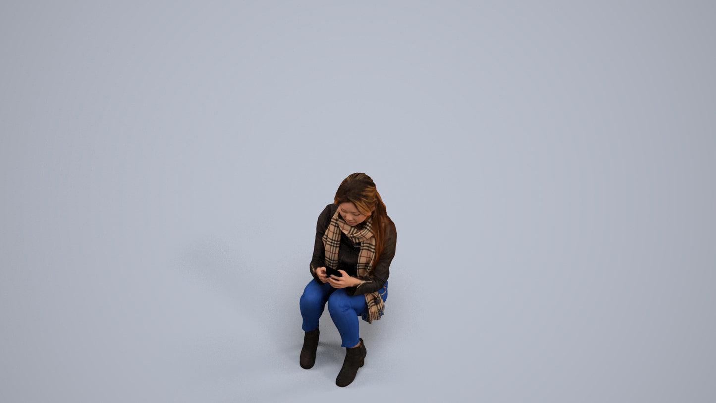 photogrammetry 3D woman casual sitting, realistic human model archviz FBX, back view render